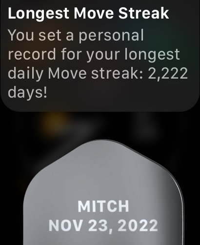 Screenshot from Apple Watch showing move streak of 2,222 days